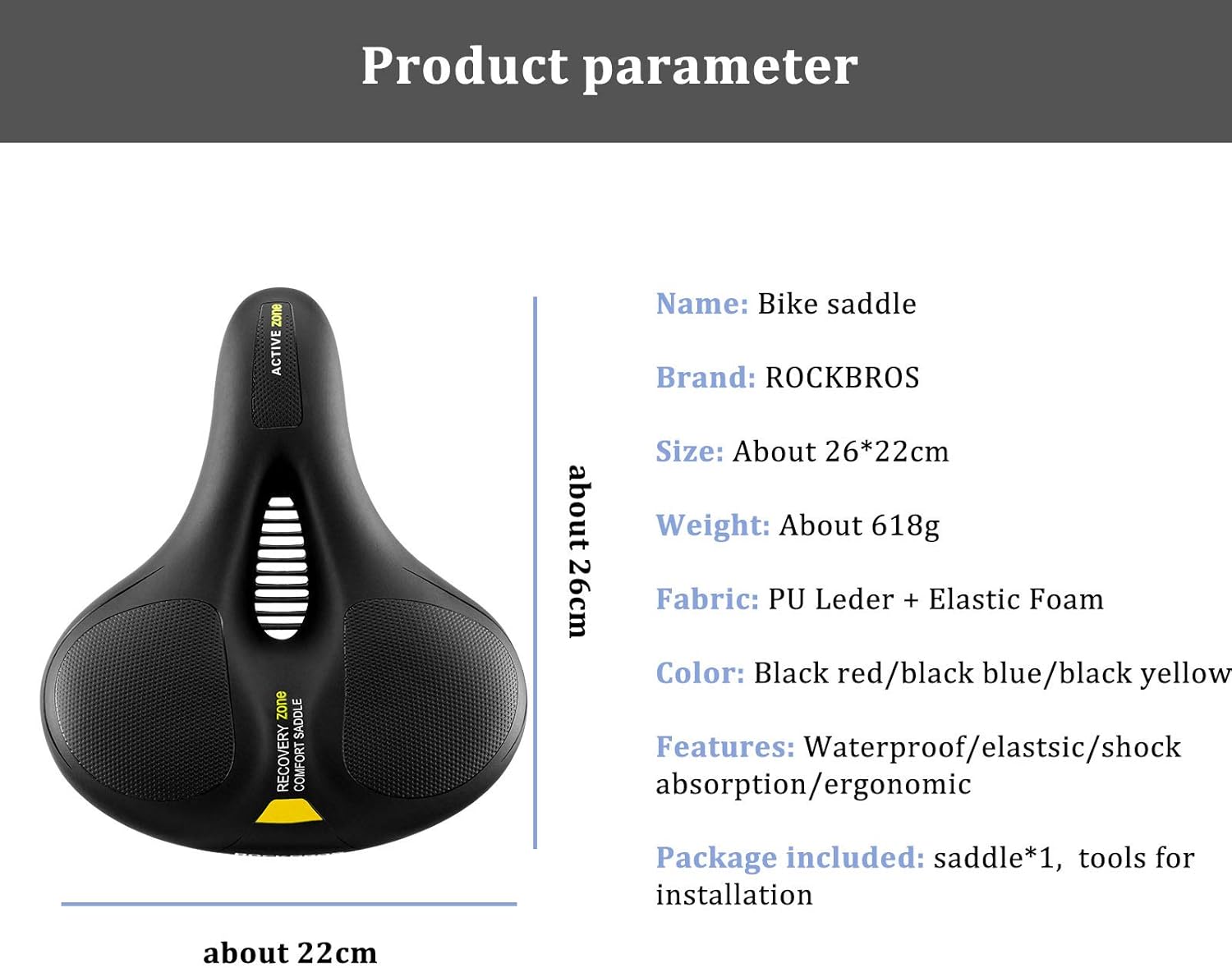 ROCKBROS Fahrradsattel Bequem Gelsattel Herren Damen Ergonomischer Breiter Fahrradsitz Weich Memory Foam MTB Rennrad 26 * 22cm Atmungsaktiv Wasserdicht